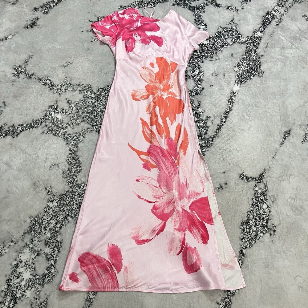 Anthropologie Floral Satin‎ Maxi Dress Womens Medium Pink Short Sleeve Slip
